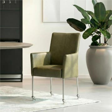 Set van 6 Leren eetkamerstoelen Comfort met wieltjes -, Ophalen of Verzenden, Nieuw, Leer