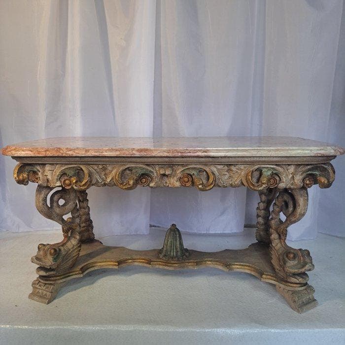 Salontafel - Hout, Marmer - Hoogte: 64 cm, Antiek en Kunst, Antiek | Overige Antiek