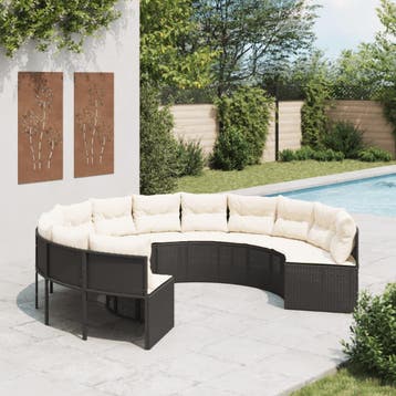 vidaXL Tuinbank met kussens rond poly rattan zwart, Verzenden