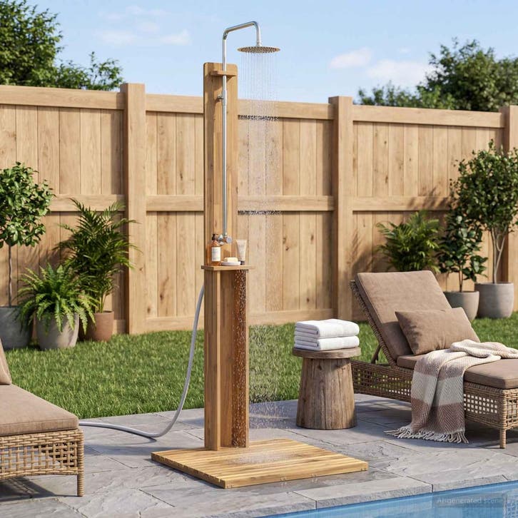 vidaXL Buitendouche 217 cm Massief acaciahout en roestvrij, Tuin en Terras, Zwembaden, Nieuw, Verzenden