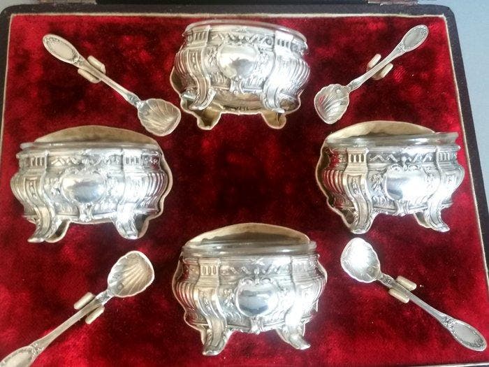 Coffret de 4 salerons et cuillères. Legendre - Salière (8) -, Antiek en Kunst, Antiek | Zilver en Goud