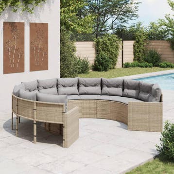 vidaXL Tuinbank met kussens rond poly rattan beige, Verzenden, Nieuw