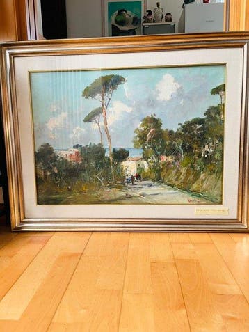Romolo Leone (1883-1958) - Veduta di Napoli con pineta e, Antiquités & Art, Art | Peinture | Classique