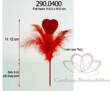 Valentijn corsage Hartje Rood met veertjes op steker