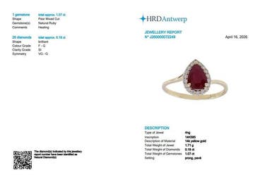 Ring - 14 karaat Geel goud - 1.25ct. tw. Robijn - Diamant, Nieuw