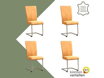 Set van 4 Leren eetkamerstoelen Dry - Kenia Cognac (cognac), Huis en Inrichting, Ophalen of Verzenden, Nieuw, Leer, Eén
