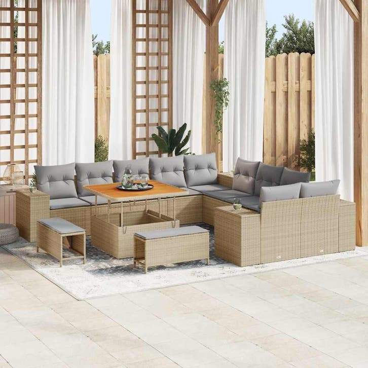 vidaXL Tuinbank Set 13 st Beige en Lichtgrijs poly rattan, Tuin en Terras, Tuinsets en Loungesets, Nieuw, Verzenden