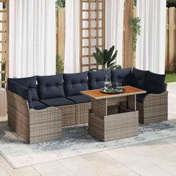 vidaXL Tuinbank Set 8 st Grijs en Marineblauw poly rattan, Verzenden, Nieuw