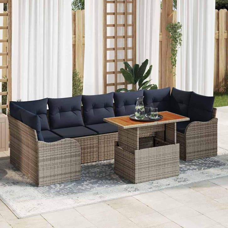 vidaXL Tuinbank Set 8 st Grijs en Marineblauw poly rattan, Tuin en Terras, Tuinsets en Loungesets, Nieuw, Verzenden