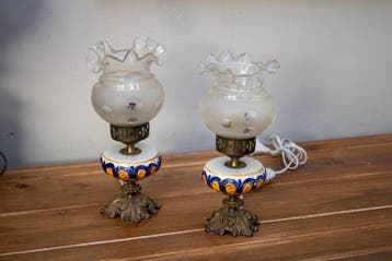 Nachtlampje (2) - olielampstijl - Keramiek, Messing, Glas -