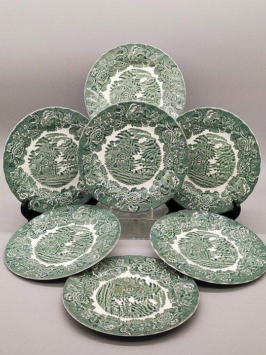 Bord - Enoch Woods English Scenery – 7 Grüne Vintage Teller, Antiquités & Art, Antiquités | Meubles | Tables