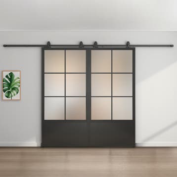Dubbele stalen schuifdeur -Zwart  6 Vlaks met kickplate Mat, Nieuw, Metaal, 75 tot 150 cm, 150 tot 225 cm