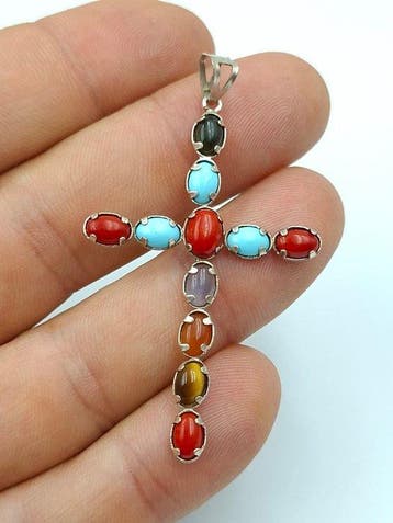 Corail - Argent - Pendentif - Pendentif croix en turquoise
