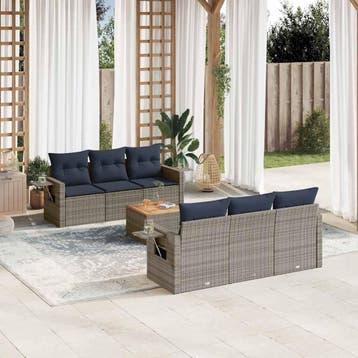 vidaXL 7-delige tuinbankset met kussens, grijs polyrotan, Verzenden