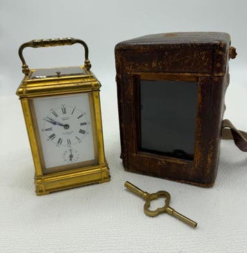 Rijtuigklok - Antiek Brons, Emaille, Facet geslepen glas -
