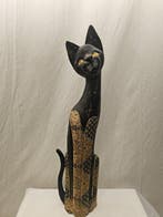 Beeld, Art Deco Houten Poes met Sierlijke Gravures - 82.5 cm, Antiek en Kunst