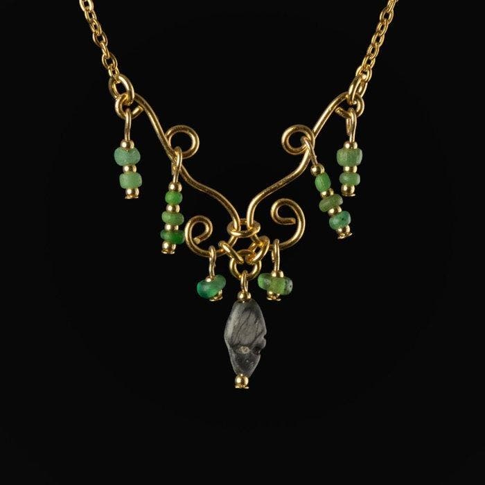 Oud-Romeins Halsketting met Romeinse groene glazen kralen, Antiek en Kunst, Antiek | Overige Antiek