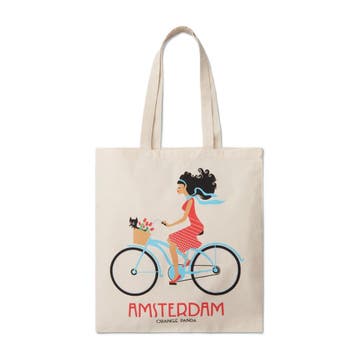 canvas bag Amsterdam bike girl with dog and tulips printed, Ophalen of Verzenden