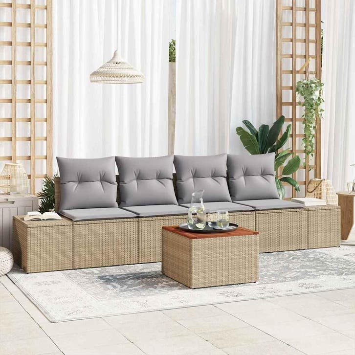 vidaXL Tuinbank Set met kussen 5 pcs Beige poly rattan, Tuin en Terras, Tuinsets en Loungesets, Nieuw, Verzenden
