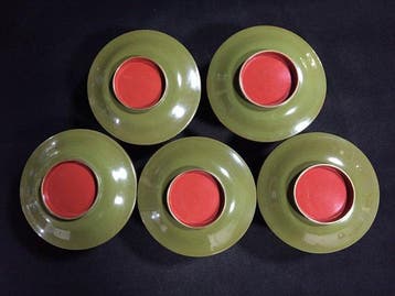 Set of 5 Antique Japanese Wooden Lacquerware Soup Bowls with