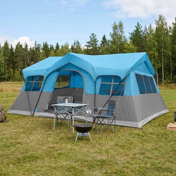 vidaXL Familietent met dak Blauw 487 x 340 x 216 cm, Caravans en Kamperen, Tenten, Verzenden, Nieuw