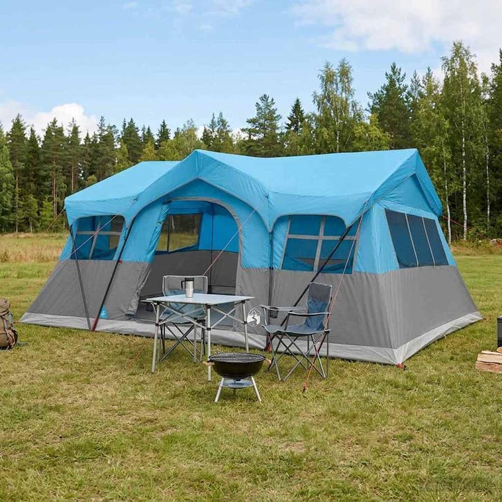 vidaXL Familietent met dak Blauw 487 x 340 x 216 cm, Caravanes & Camping, Tentes, Envoi