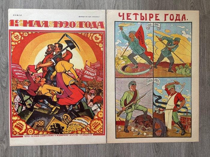 URSS - 2 X di Manifesti Sovietici Propaganda Russa –, Antiquités & Art, Art | Dessins & Photographie