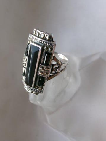 Argent, Onyx et marcasites - Bague - Style Art déco, Antiquités & Art