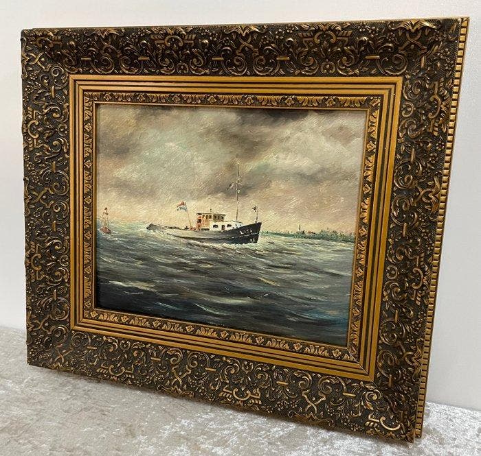 Wanddecoratie - Nederlands Schip op Zee - in Sierlijke Lijst, Antiek en Kunst, Curiosa en Brocante