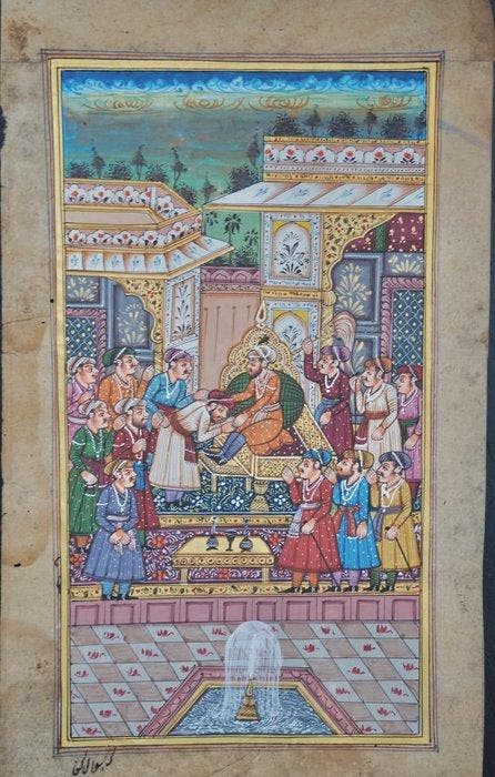 Gedetailleerde Miniatuur : Indiase Hofscene. Audientie, met, Antiquités & Art, Art | Art non-occidental