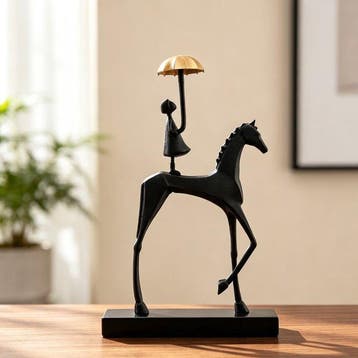 sculptuur, Girl holding an umbrella on horseback - 37 cm -