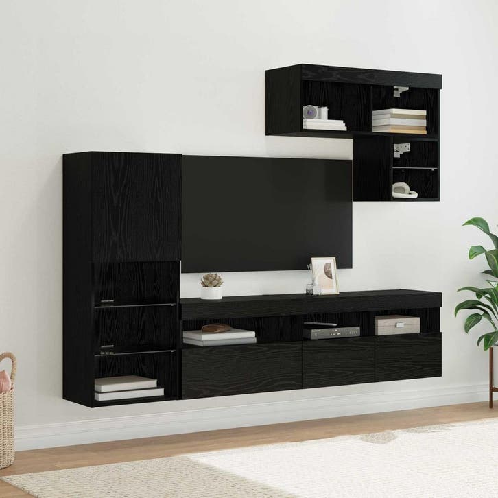 vidaXL TV Wandmeubels Wandgemonteerd 6 pcs Zwart Eiken, Huis en Inrichting, Kasten |Televisiemeubels, Nieuw, Verzenden