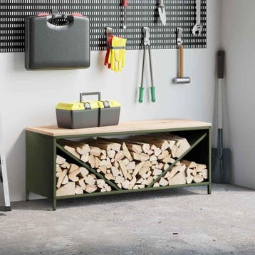 vidaXL Brandhoutrek met houten blad olijfgroen 100,5x35,5x40, Verzenden
