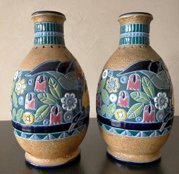 Amphora - Vase (2) - Faïence - Canards en plein vol, Antiquités & Art