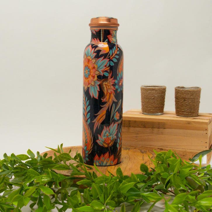 Puur koperen waterfles met bloemenprint ± 950 ml/320 g (in, Sport en Fitness, Gezondheidsproducten en Wellness, Ophalen of Verzenden