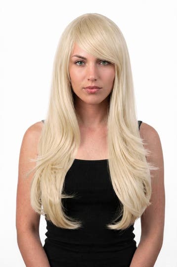 KIMU® Luxe Lange Lichtblonde Pruik Schuine Pony Witblond Lad, Ophalen of Verzenden, Nieuw