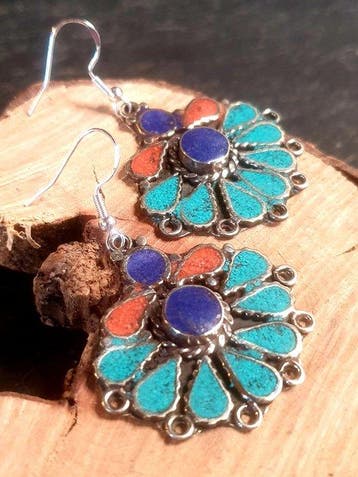 Zilver, 925 Tibetaanse zilver, natuurlijk koraal, lapis