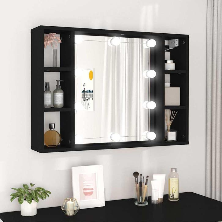 vidaXL Spiegelkast met LED-verlichting 76x15x55 cm zwart, Huis en Inrichting, Kasten | Overige, Nieuw, Verzenden