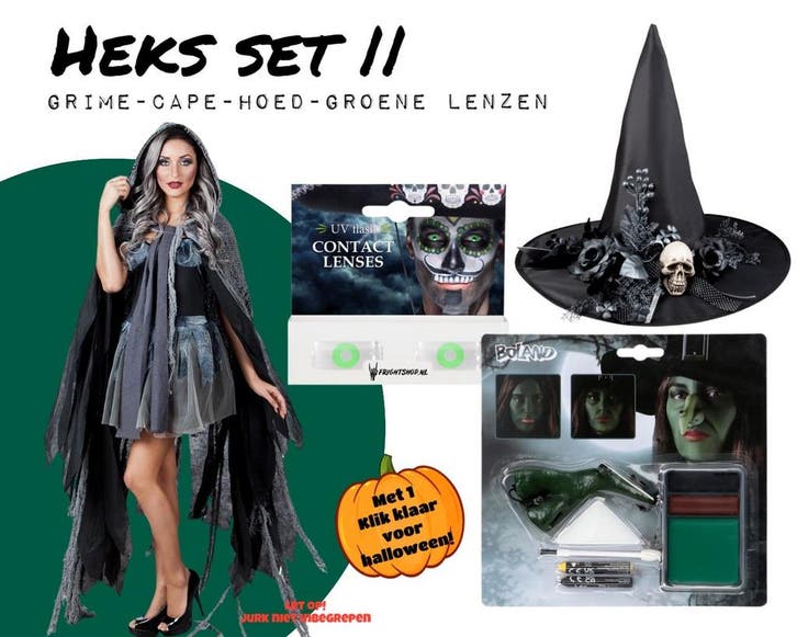 Heks Set 2 Met Cape, Hoed, Lenzen En Schminck, Hobby en Vrije tijd, Feestartikelen