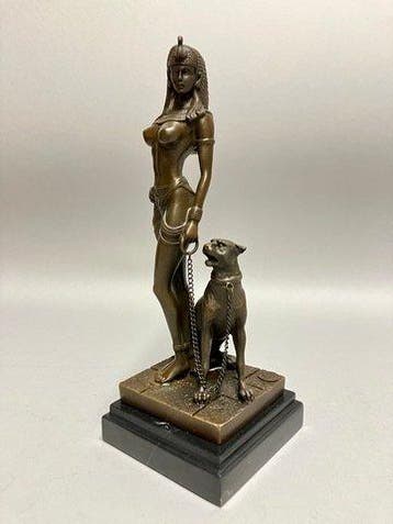 Statue, Cleopatra met panter - 18 cm - Bronze
