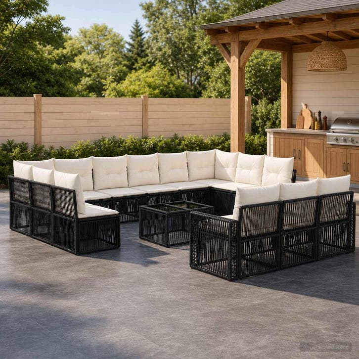 vidaXL Tuinbank Set 14 st Zwart en Crème Wit poly rattan, Tuin en Terras, Tuinsets en Loungesets, Nieuw, Verzenden