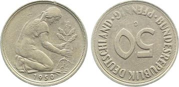 Duitsland Fehlpraegung 50 Pfennig 1950 G Stempeldrehung 180, Verzenden