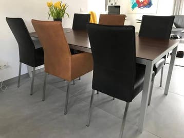 Set van 6 kleurrijke leren eetkamerstoelen, Huis en Inrichting, Ophalen of Verzenden, Nieuw, Eén