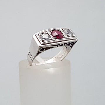 Argent, Art déco, Rubis + Topaze blanche(Testé!) - Bague
