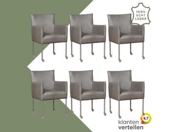 Set van 6 Leren eetkamerstoelen Desire - Granada Steel, Ophalen of Verzenden, Nieuw, Leer, Eén