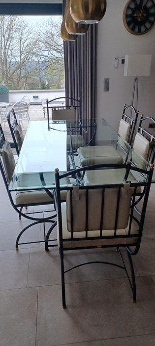 Table à manger - Acier, Cuir - DINING ROOM GROUP,, Antiquités & Art, Curiosités & Brocante