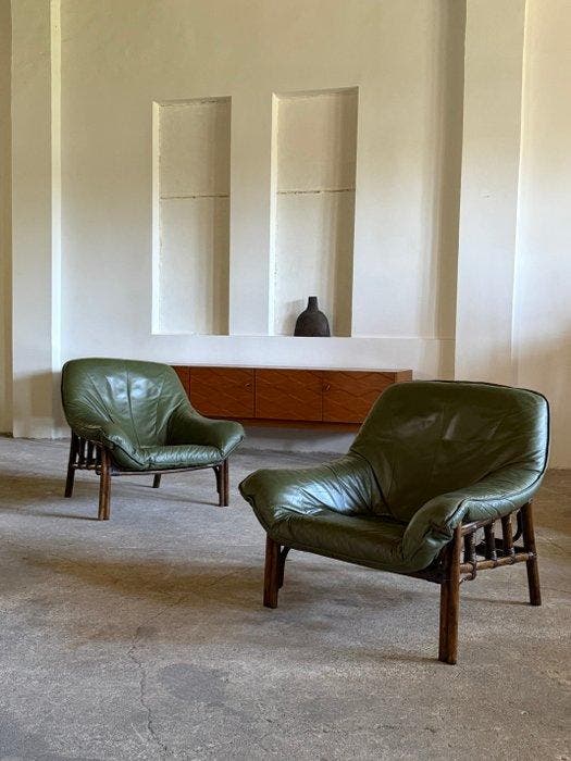 Fauteuil (2) - Bamboe, Canvas, Leder, Antiek en Kunst, Kunst | Designobjecten