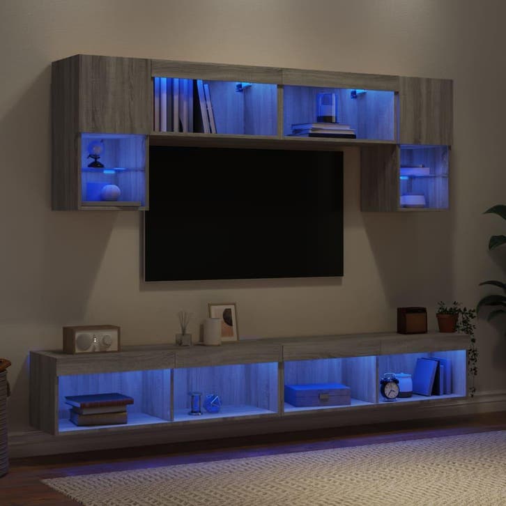 vidaXL 6-delige Tv-wandmeubelset met LED grijs sonoma, Maison & Meubles, Armoires | Mobilier de télévision, Envoi