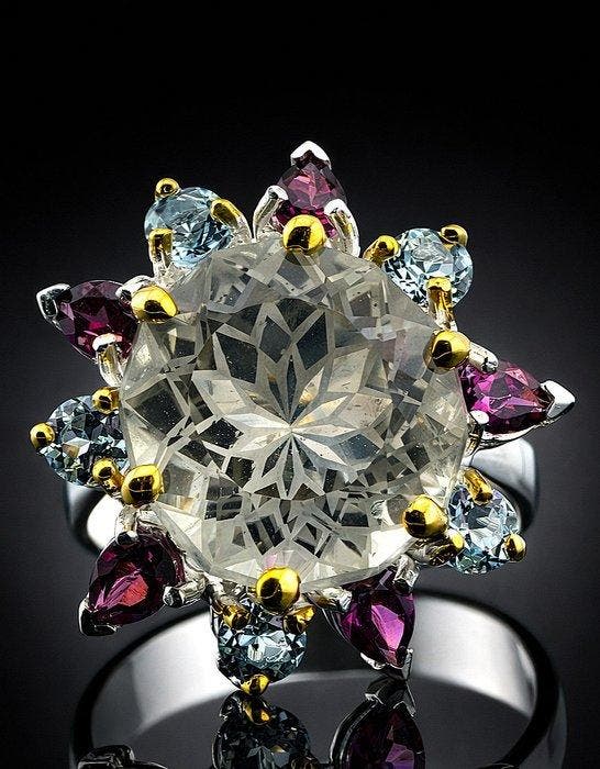 Amethist - Zilver - Ring - Floral Halo, Verzamelen, Mineralen en Fossielen