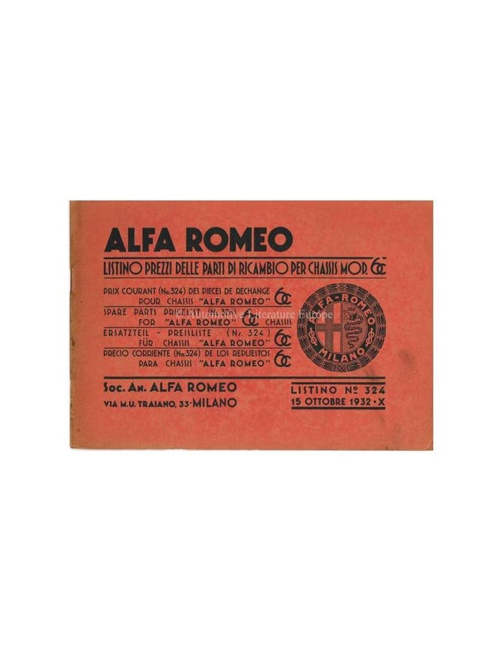 1932 ALFA ROMEO 6C 1500 / 1750 ONDERDELENBOEK PRIJSLIJST I.., Autos : Divers, Modes d'emploi & Notices d'utilisation, Enlèvement ou Envoi